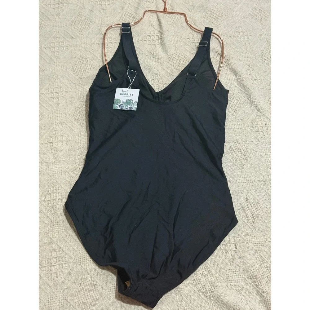B2PRITY Black One‎ Piece Swimsuit Ruched V Neck Tummy Control Bathing Suit XL
